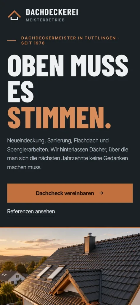 Designbeispiel Website Dachdeckerei auf dem Smartphone