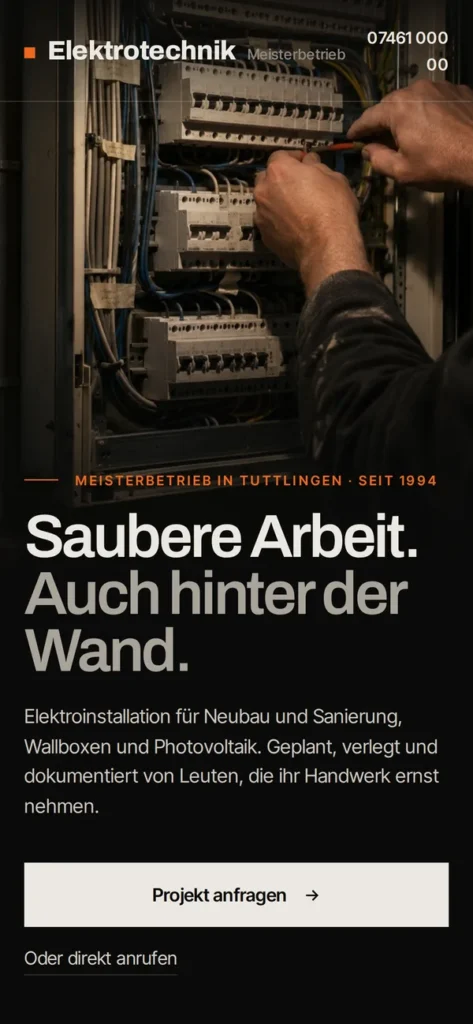 Designbeispiel Website Elektrotechnik auf dem Smartphone