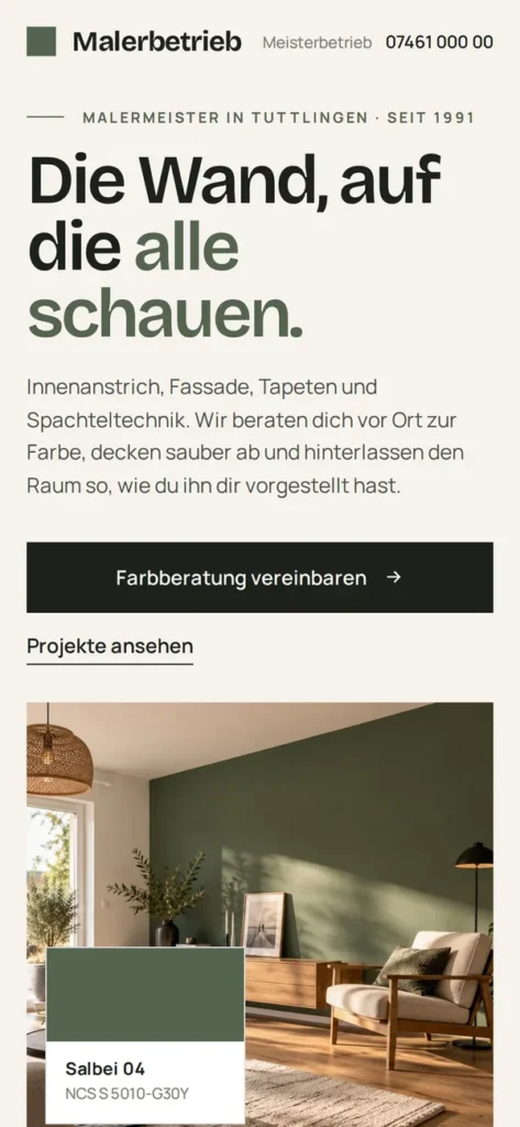 Designbeispiel Website Malerbetrieb auf dem Smartphone