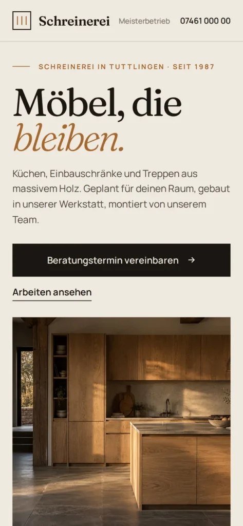 Designbeispiel Website Schreinerei auf dem Smartphone