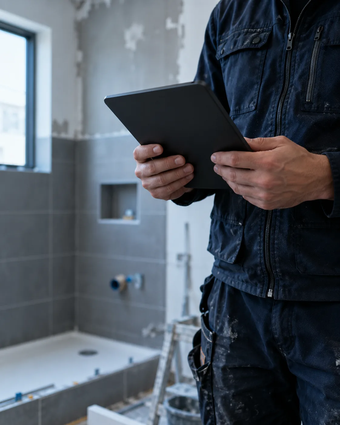 Handwerker mit Tablet auf einer Baustelle