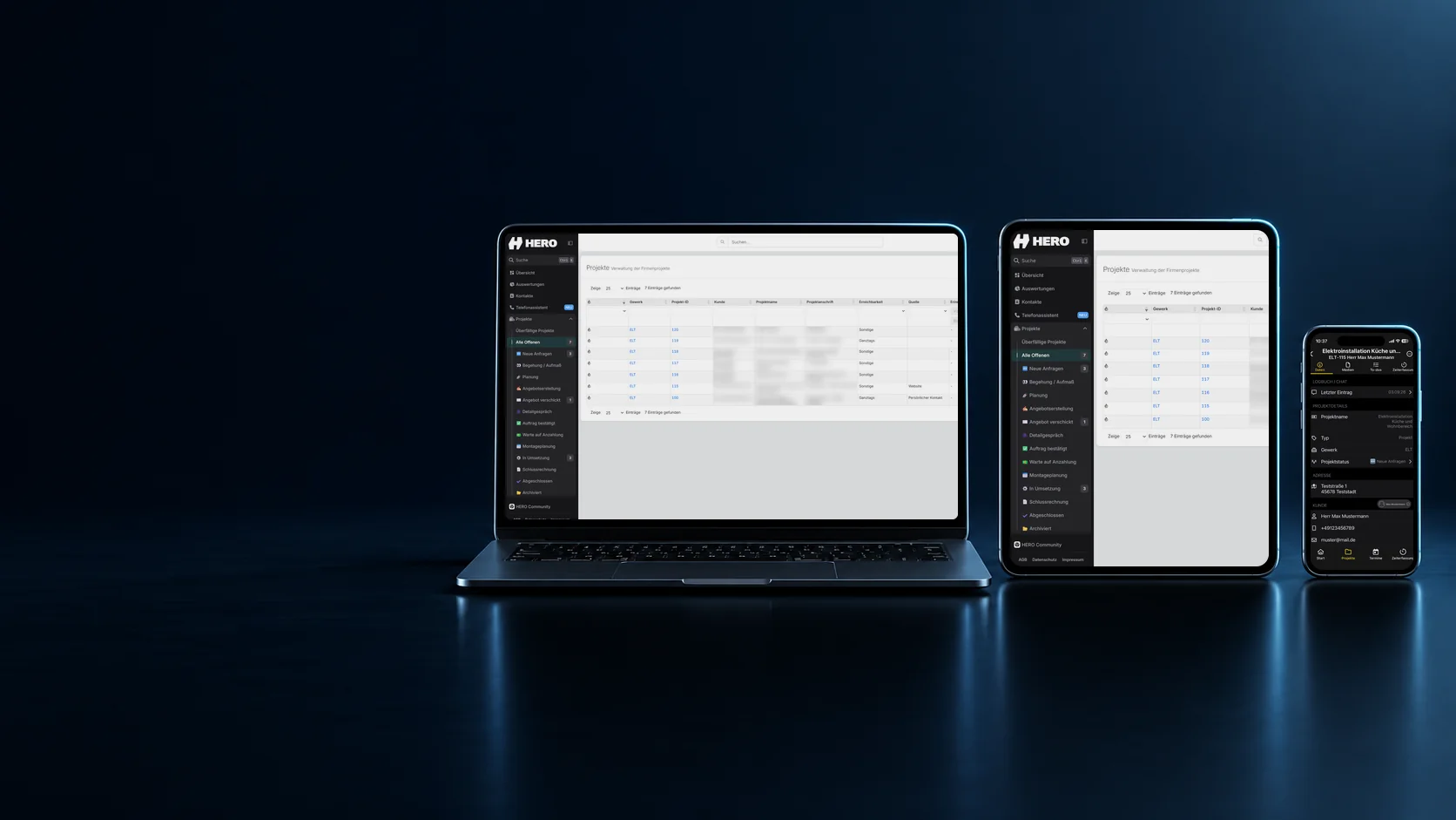 Projektübersicht der Handwerkersoftware mit allen Auftragsphasen