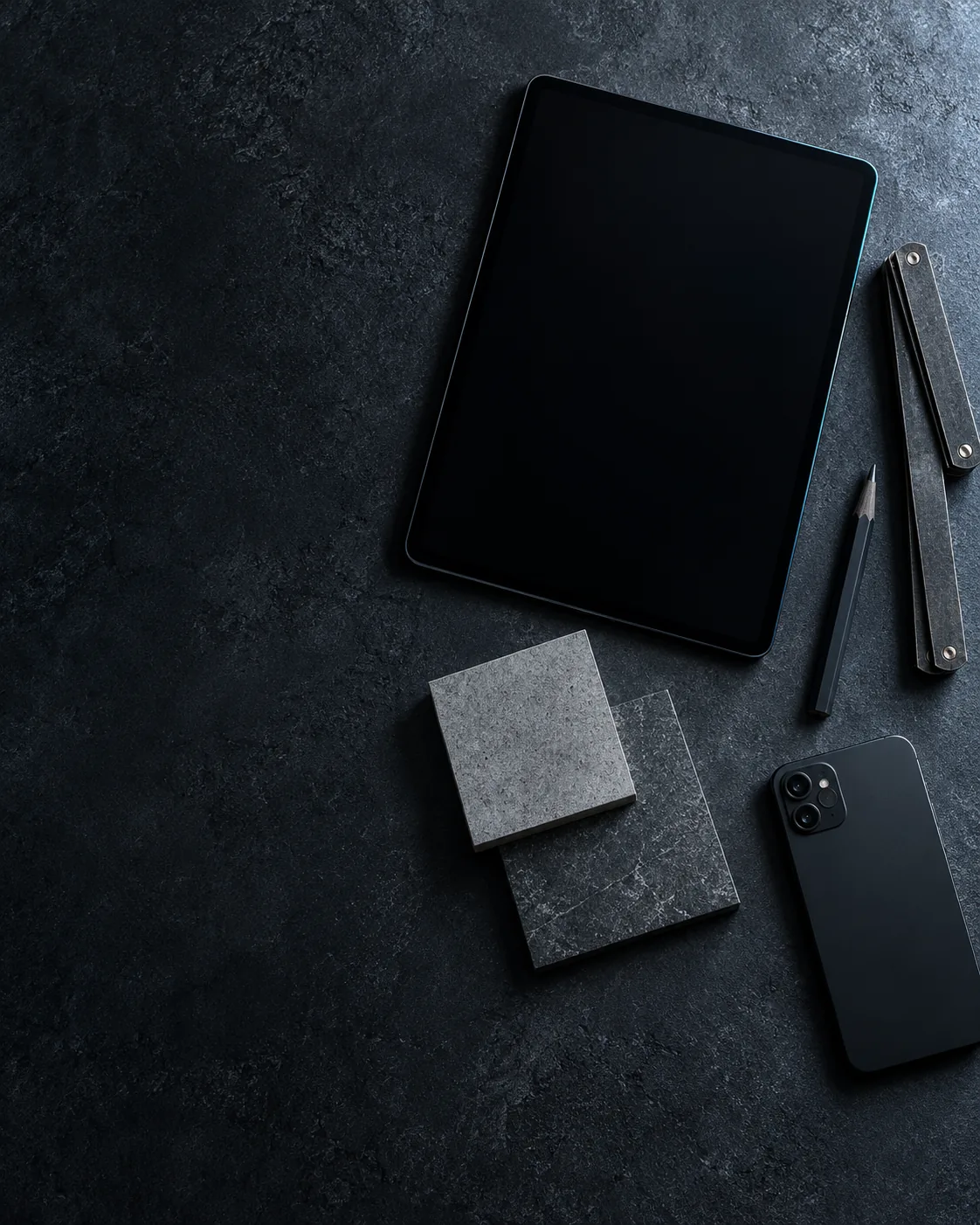 Tablet, Smartphone, Zollstock und Materialproben auf einer Werkbank