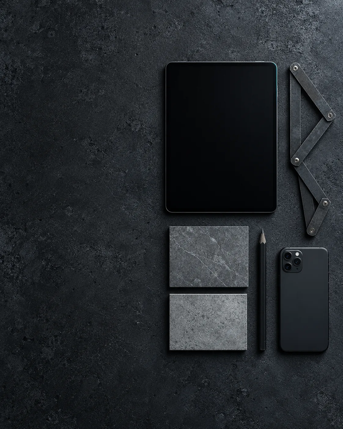 Tablet, Zollstock, Bleistift und Fliesenmuster auf einer Werkbank